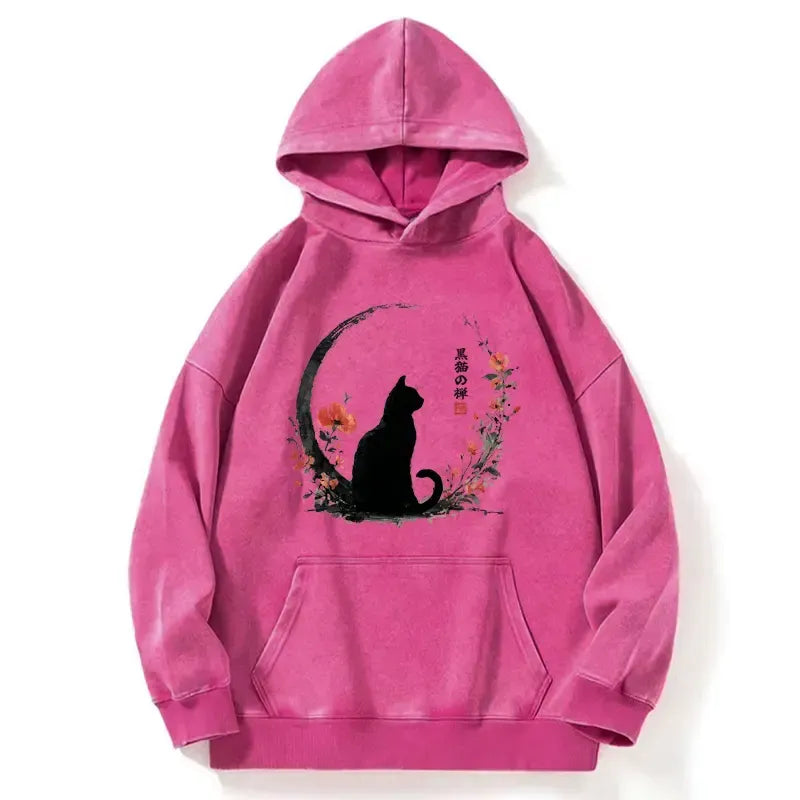 Kyoto-Lion Black Cat And Flowers Washed Hoodie