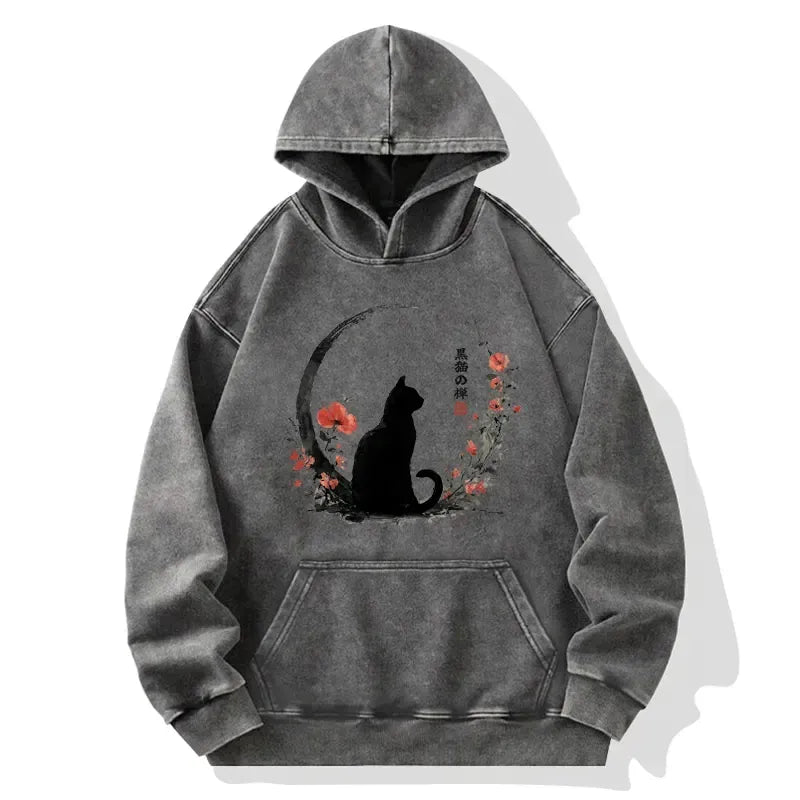 Vintage Japanese Black Cat Hoodie for Streetwear
