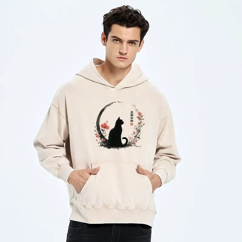 Black Cat Floral Washed Hoodie for Daily Wear