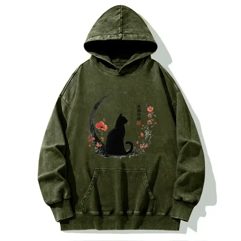 Vintage Japanese Black Cat Hoodie for Streetwear