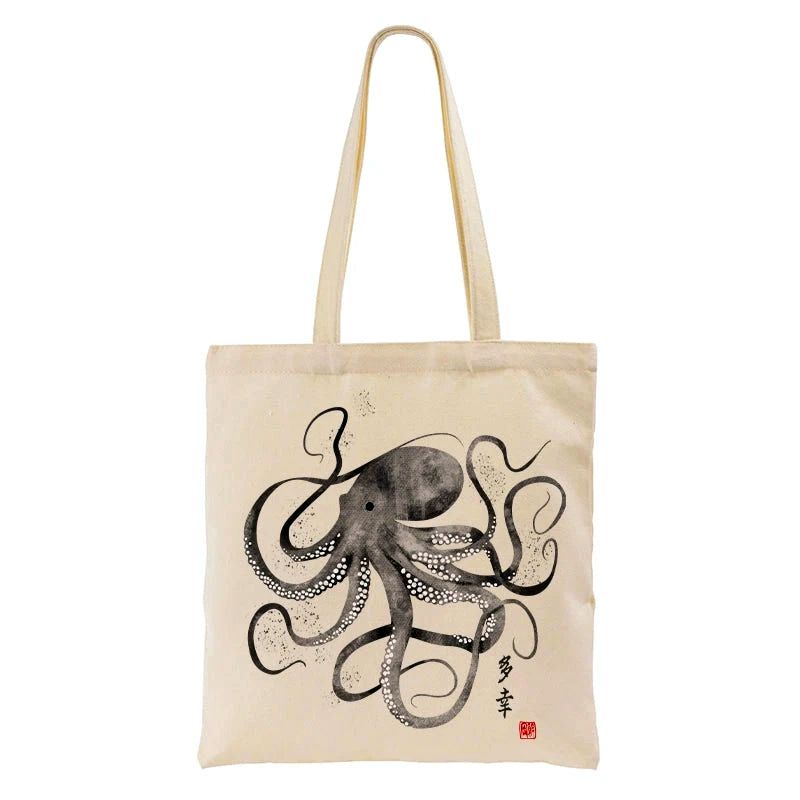 Kyoto-Lion Octopus Japanese Calligraphy Tote Bag