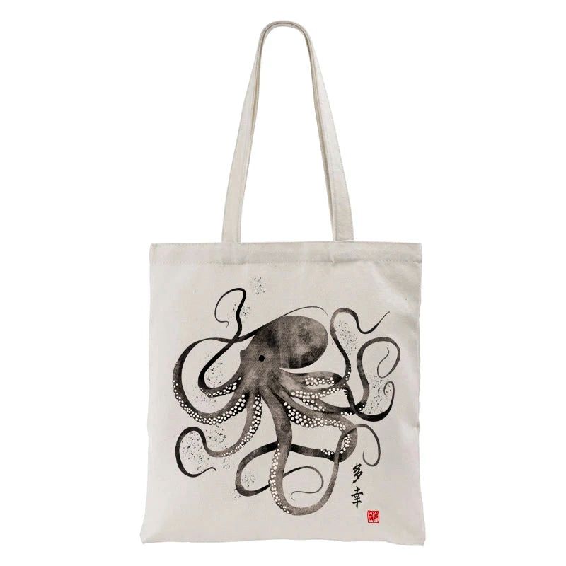 Kyoto-Lion Octopus Japanese Calligraphy Tote Bag