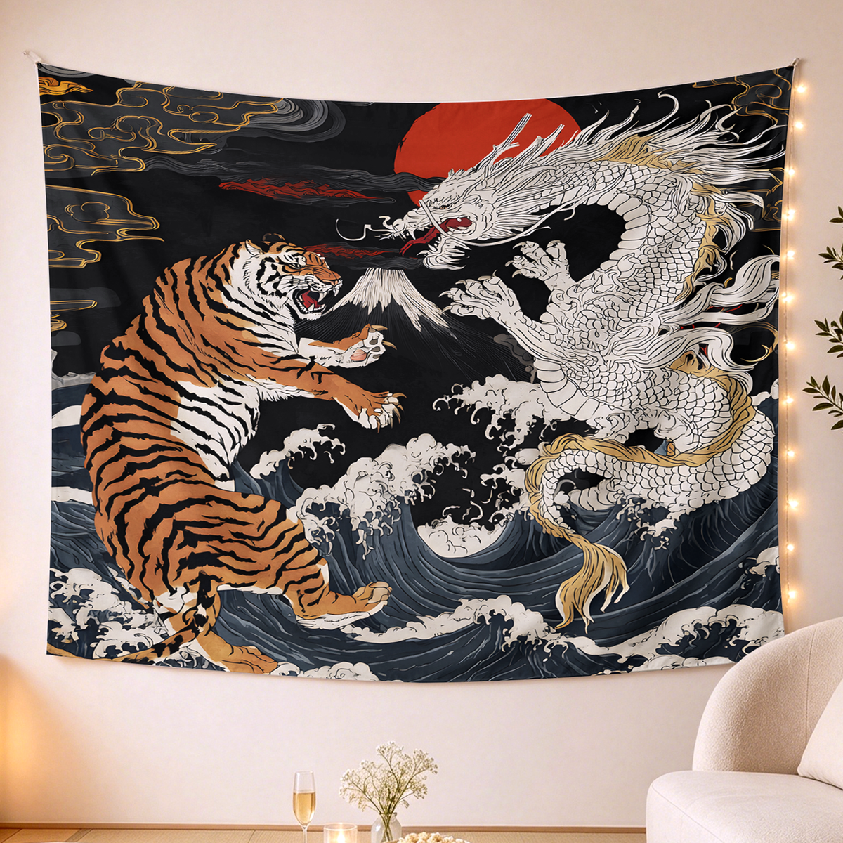 Kyoto-Lion Fight Between Dragon And Tiger Tapestry