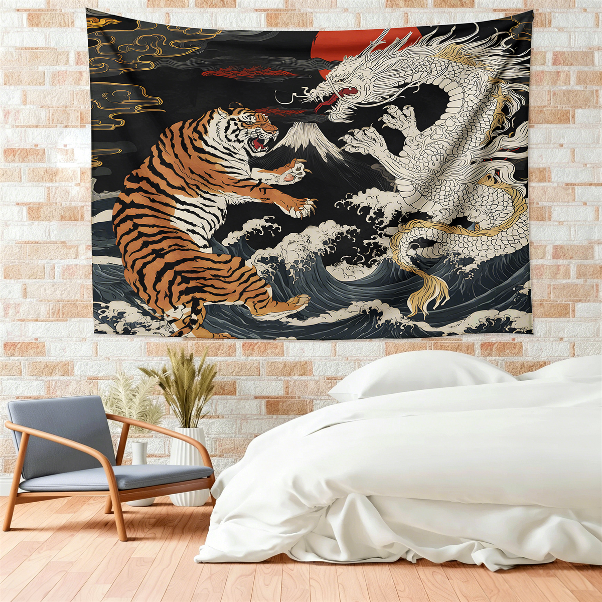 Kyoto-Lion Fight Between Dragon And Tiger Tapestry