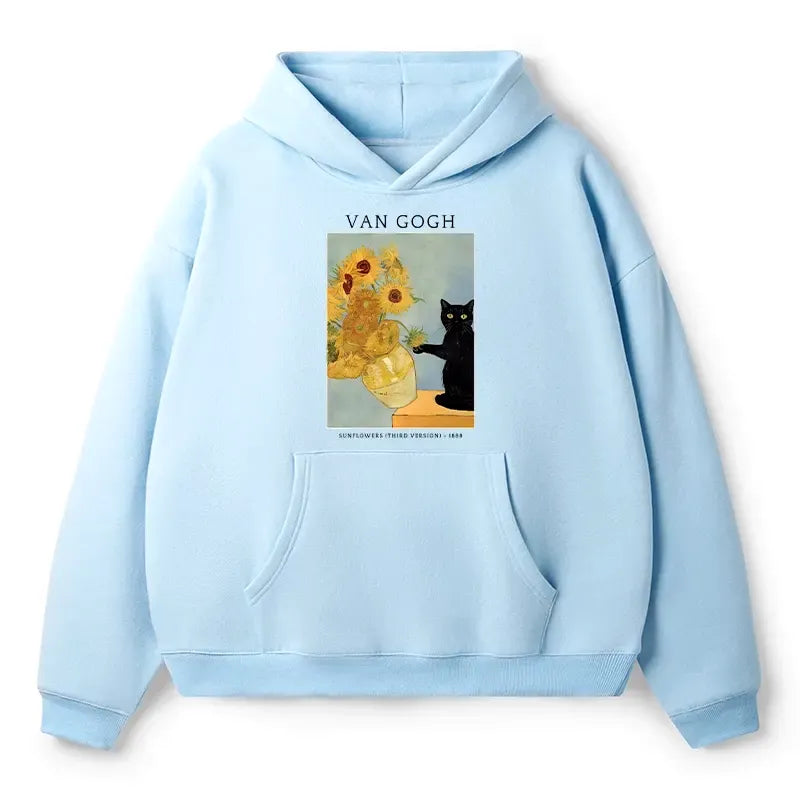 Kyoto-Lion Black Cat With Sunflowers Adult Fleece Hoodie