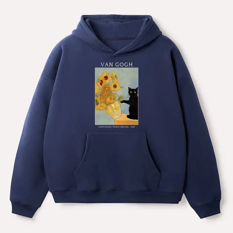 Kyoto-Lion Black Cat With Sunflowers Adult Fleece Hoodie