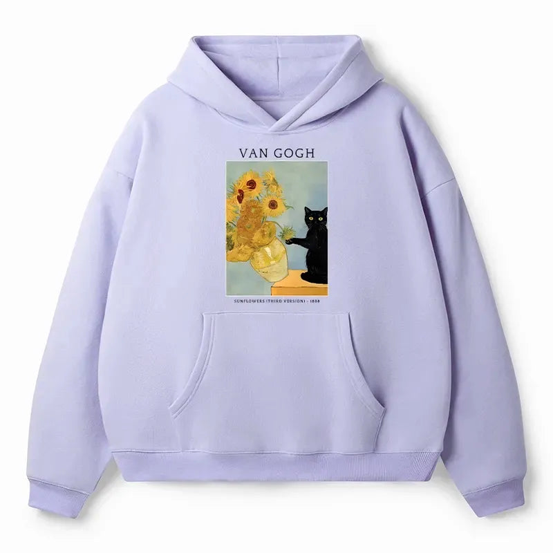 Kyoto-Lion Black Cat With Sunflowers Adult Fleece Hoodie