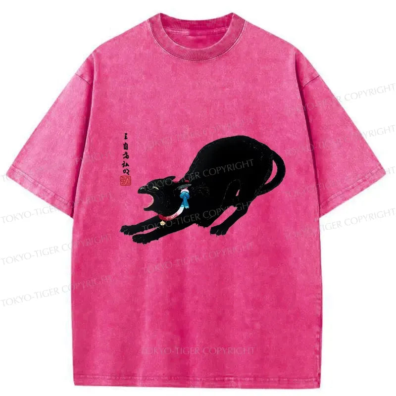 Kyoto-Lion Cat Stretching Washed T-Shirt