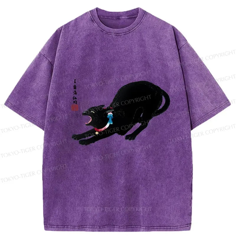 Kyoto-Lion Cat Stretching Washed T-Shirt