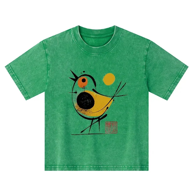 Kyoto-Lion Aesthetic Yellow And Black Bird Kids Washed T-Shirt
