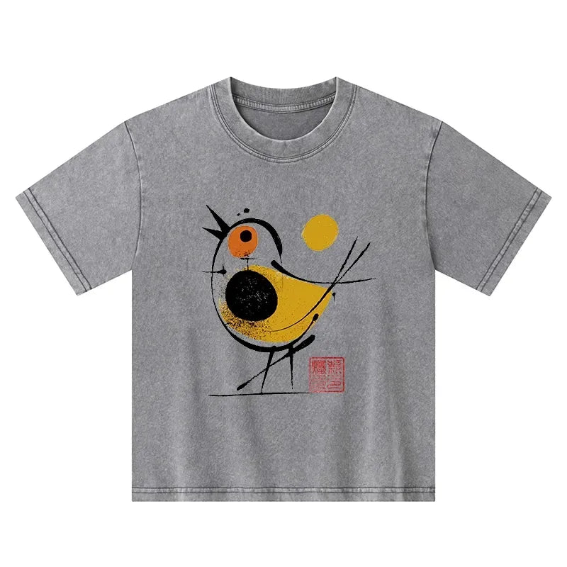 Kyoto-Lion Aesthetic Yellow And Black Bird Kids Washed T-Shirt