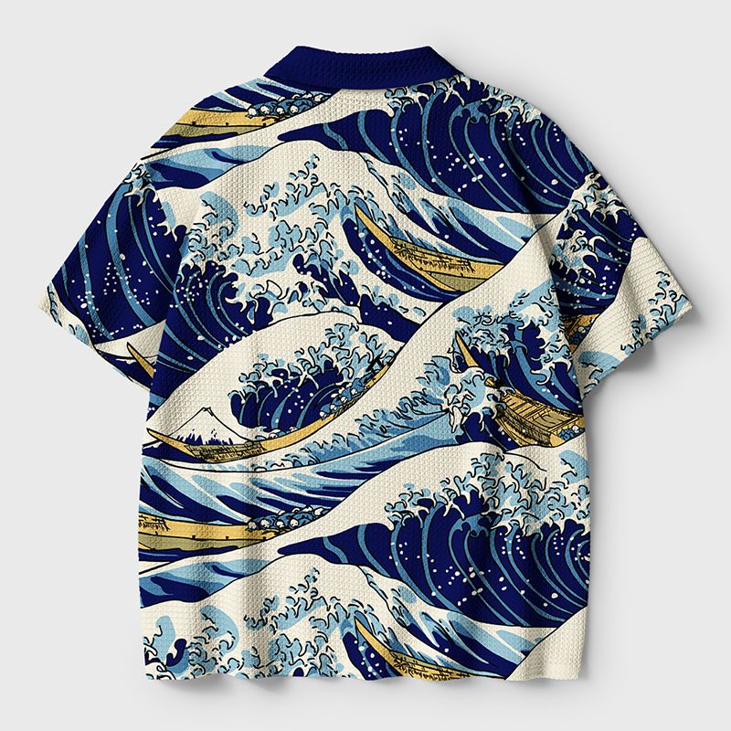 Japanese Great Wave Crochet Polo Shirt
