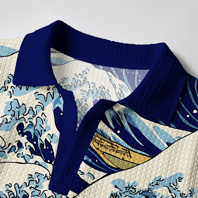 Japanese Great Wave Crochet Polo Shirt
