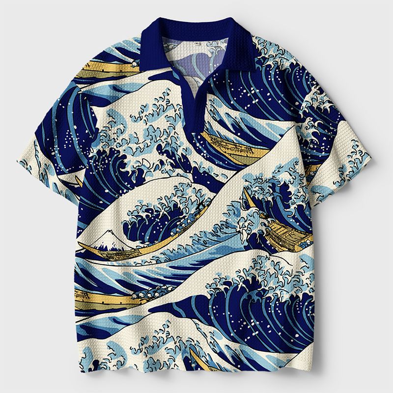 Kyoto-Lion Japanese Great Wave Crochet Polo Shirt
