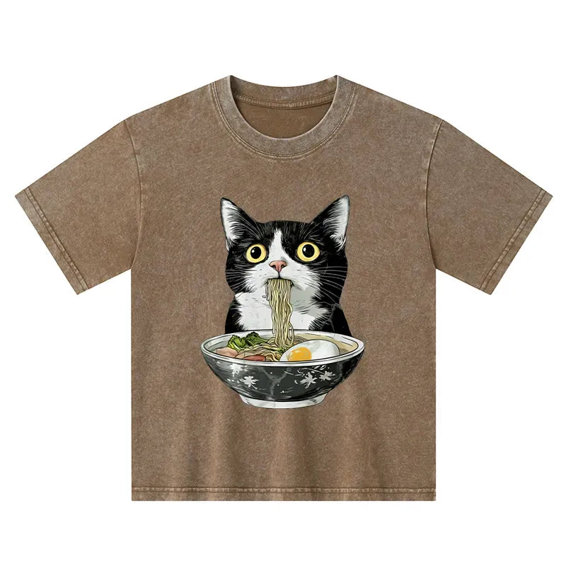 Kyoto-Lion Cute Cat Eating Japan Ramen Kids Washed T-Shirt
