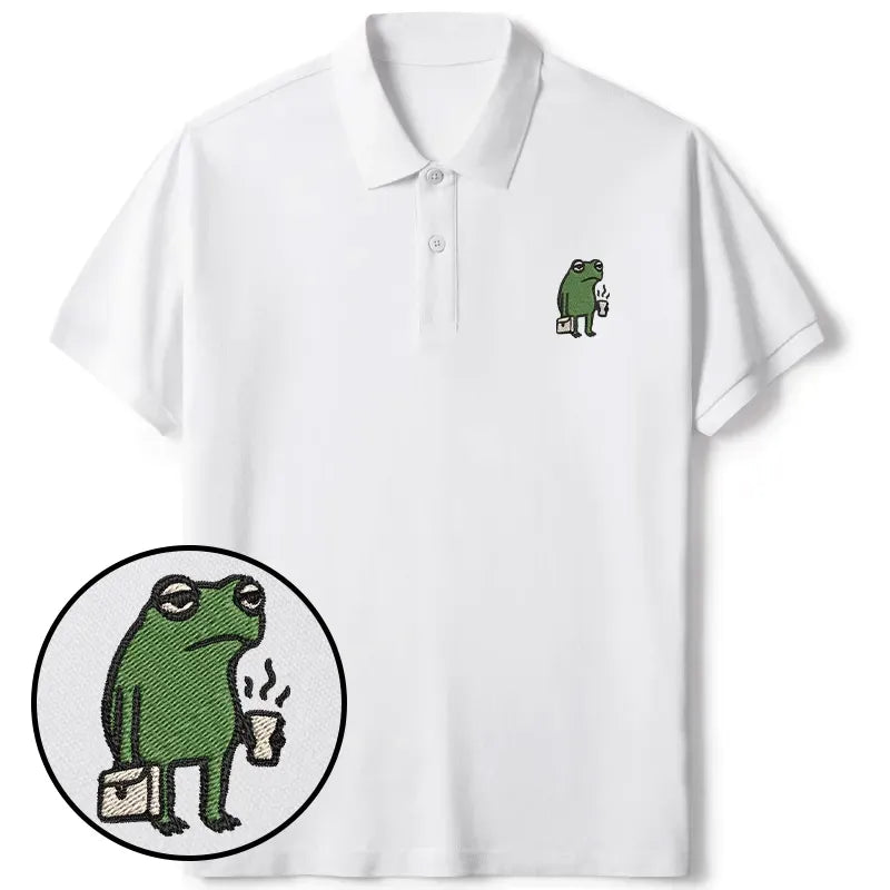 Kyoto-Lion Funny Frog Going To Work Embroidered Polo T-Shirt