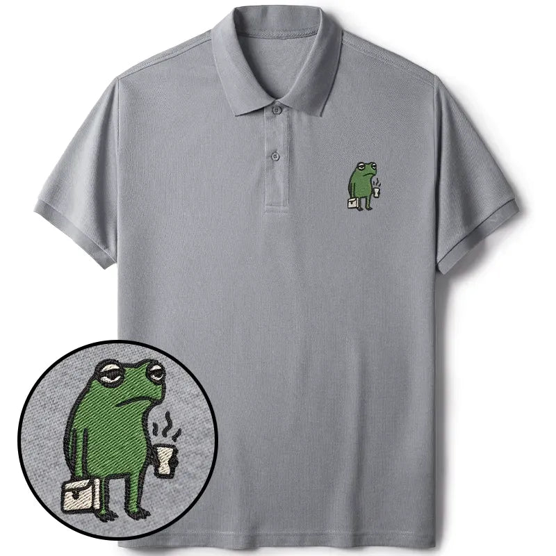 Kyoto-Lion Funny Frog Going To Work Embroidered Polo T-Shirt