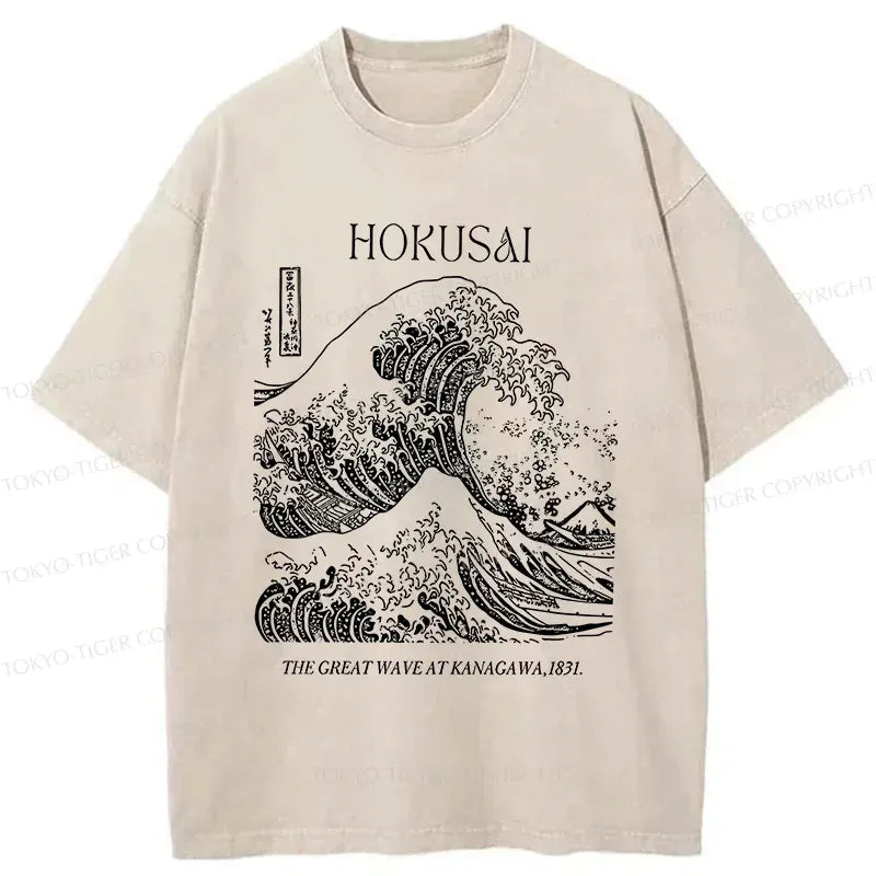Kyoto-Lion Retro Ukiyo-e Waves Washed T-Shirt