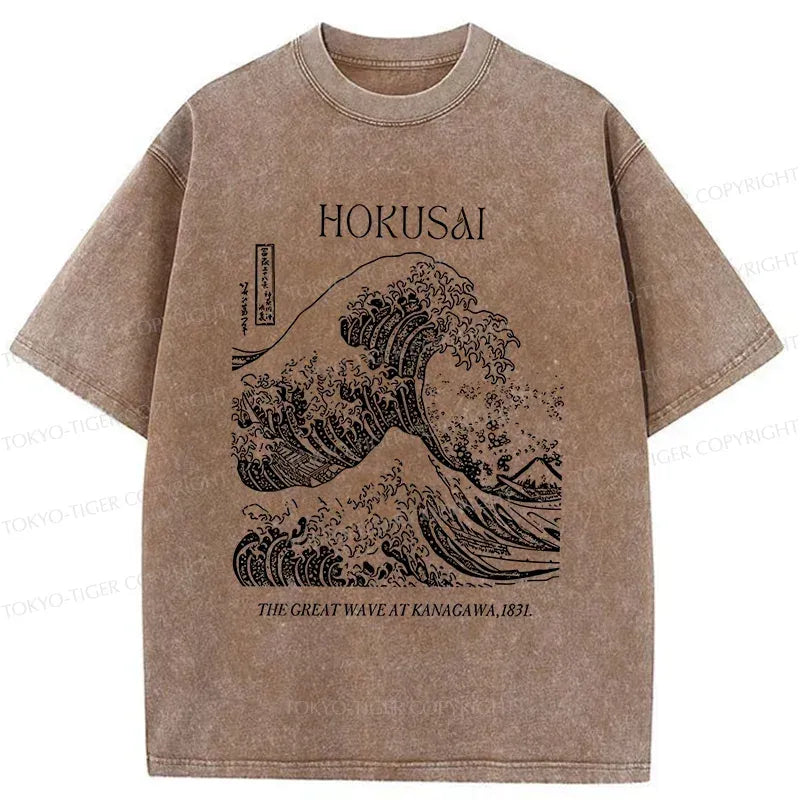 Kyoto-Lion Retro Ukiyo-e Waves Washed T-Shirt