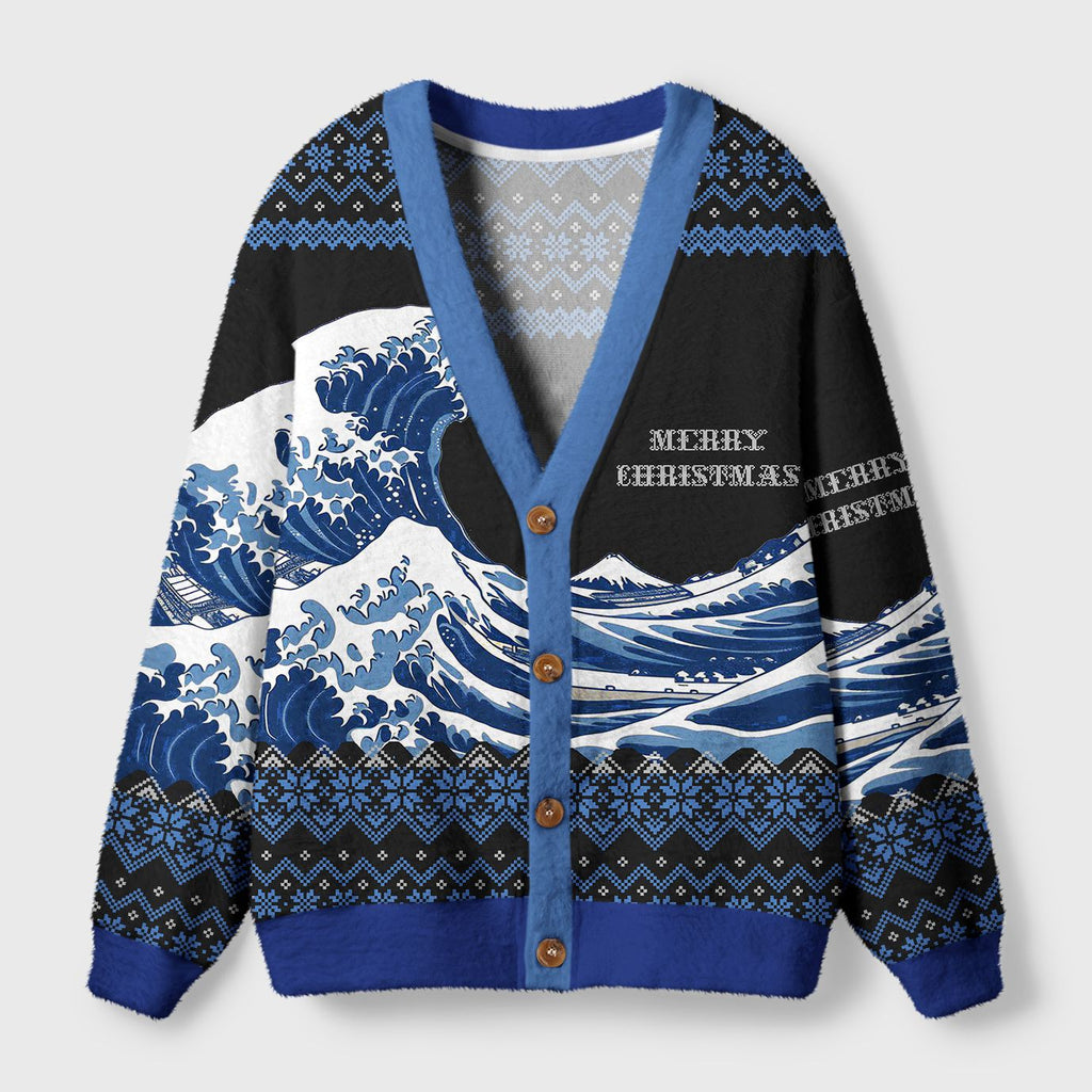 Kyoto-Lion The Joyful Holiday Ukiyo-e Wave Ugly Cardigan Sweater