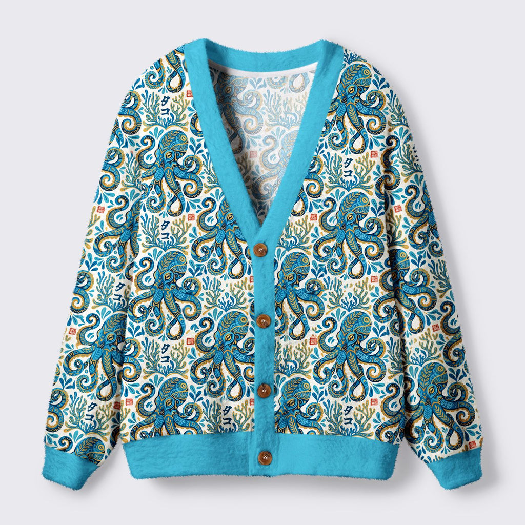 Kyoto-Lion Mystic Octopus Waves Ugly Cardigan Sweater