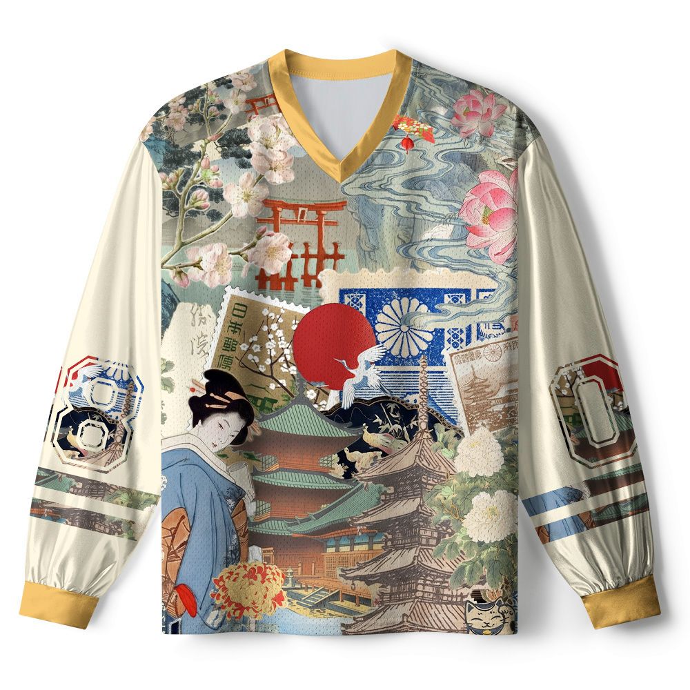 Kyoto-Lion Vintage Japanese Art Collage Paneled Long Sleeve Jersey