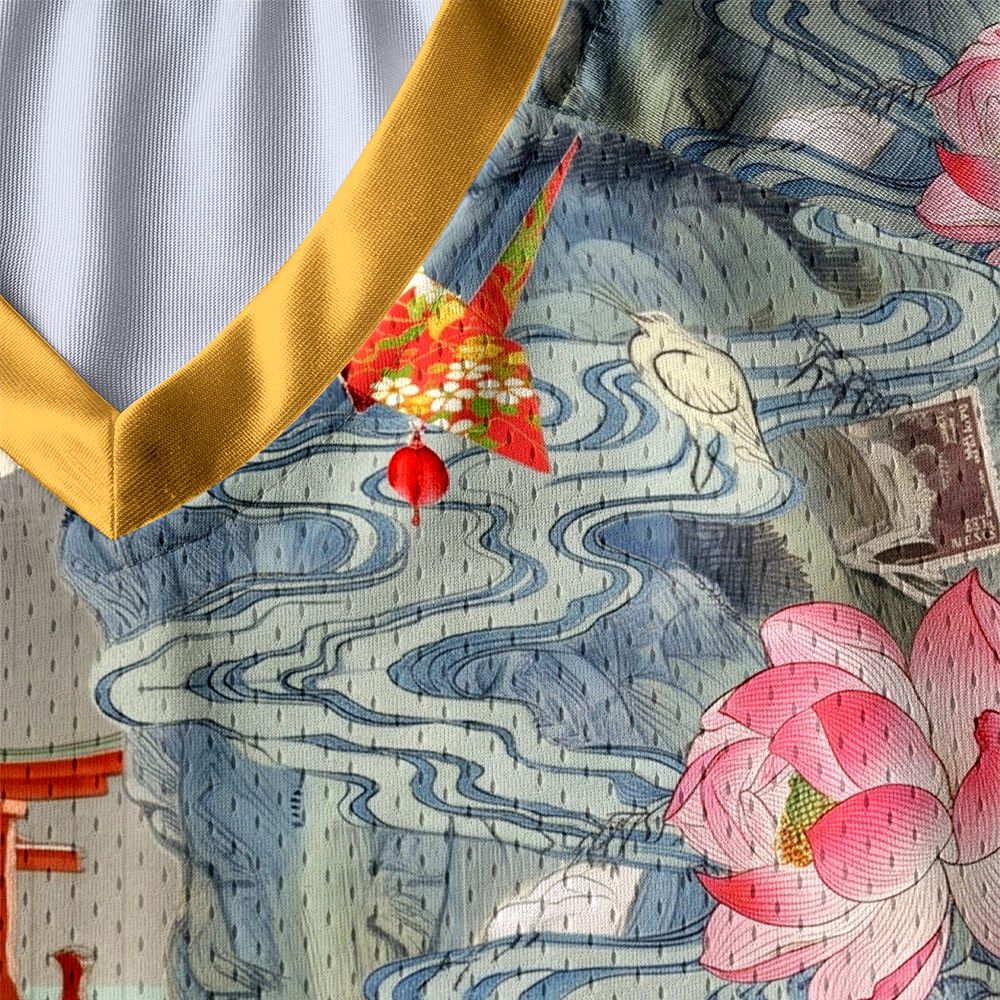 Kyoto-Lion Vintage Japanese Art Collage Paneled Long Sleeve Jersey