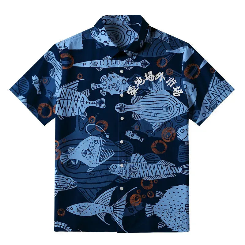 Japanese Fish Print Button-up Shirt