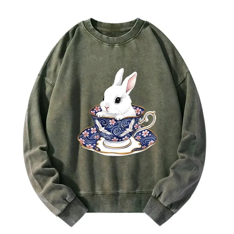 Kyoto-Lion Cute Rabbit Tea Set Washed Sweatshirt
