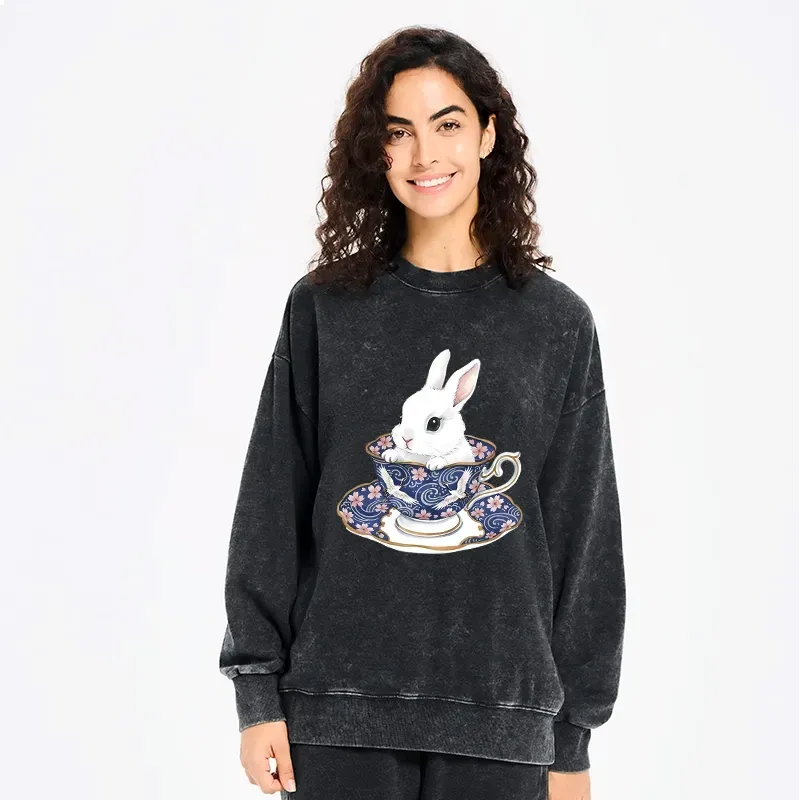 Kyoto-Lion Cute Rabbit Tea Set Washed Sweatshirt