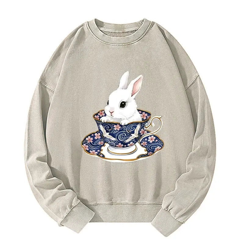 Kyoto-Lion Cute Rabbit Tea Set Washed Sweatshirt
