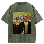 Kyoto-Lion American Gothic Cat Washed T-Shirt