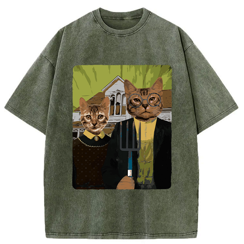 Kyoto-Lion American Gothic Cat Washed T-Shirt