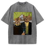 Kyoto-Lion American Gothic Cat Washed T-Shirt