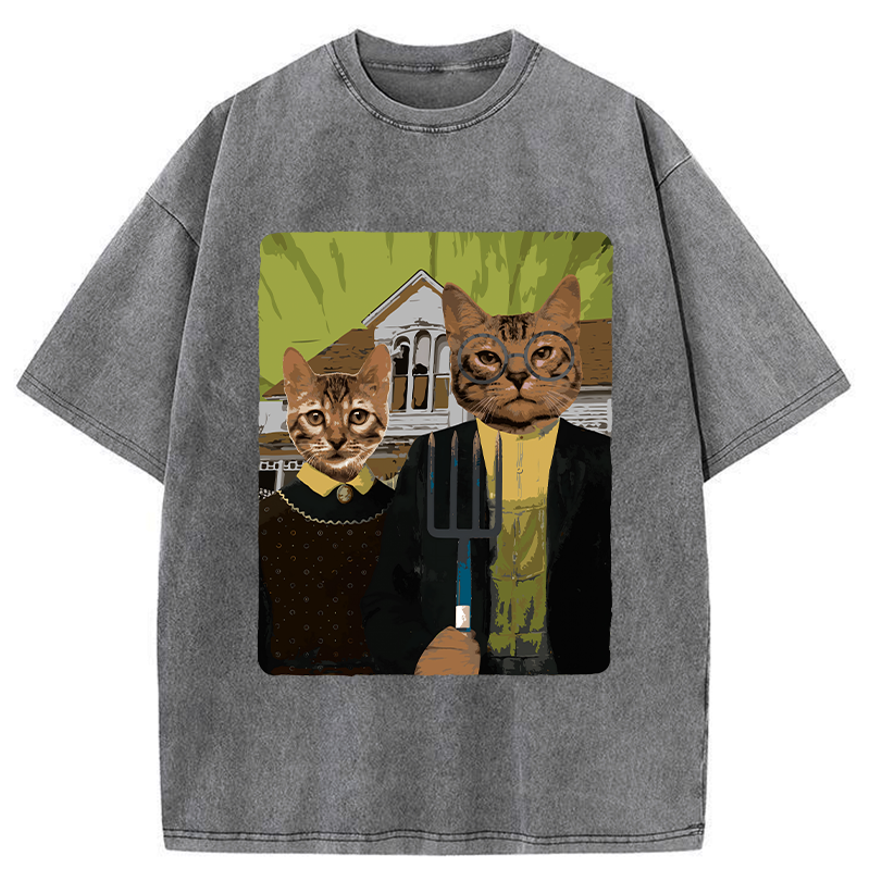 Kyoto-Lion American Gothic Cat Washed T-Shirt