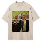 Kyoto-Lion American Gothic Cat Washed T-Shirt