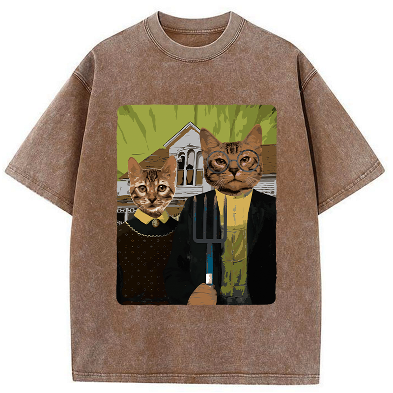 Kyoto-Lion American Gothic Cat Washed T-Shirt