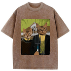 Kyoto-Lion American Gothic Cat Washed T-Shirt