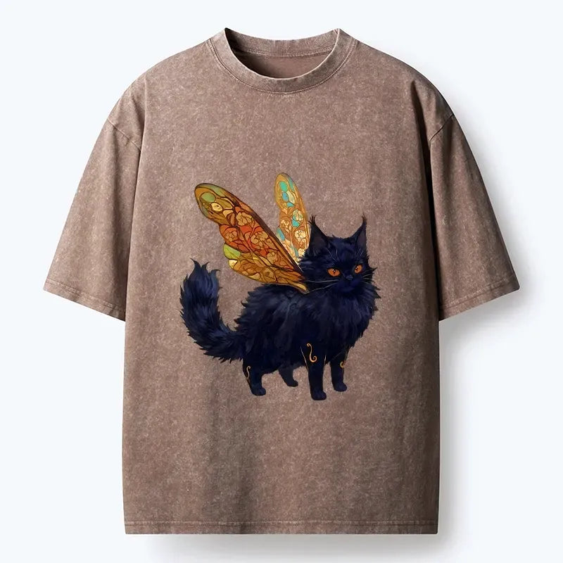 Kyoto-Lion Funny Fairy Black Cat Art Washed T-Shirt