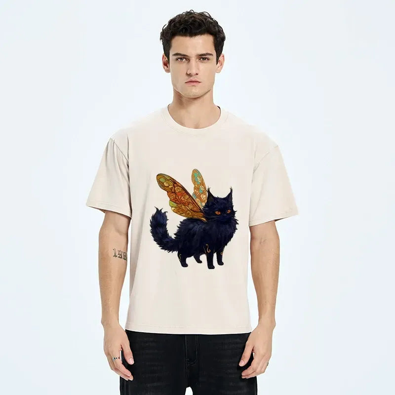Kyoto-Lion Funny Fairy Black Cat Art Washed T-Shirt