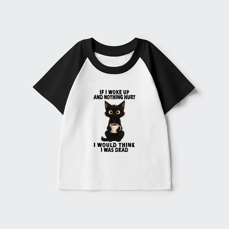 Kyoto-Lion Funny Cute Black Cat And Coffee Meme Kids Raglan T-shirt