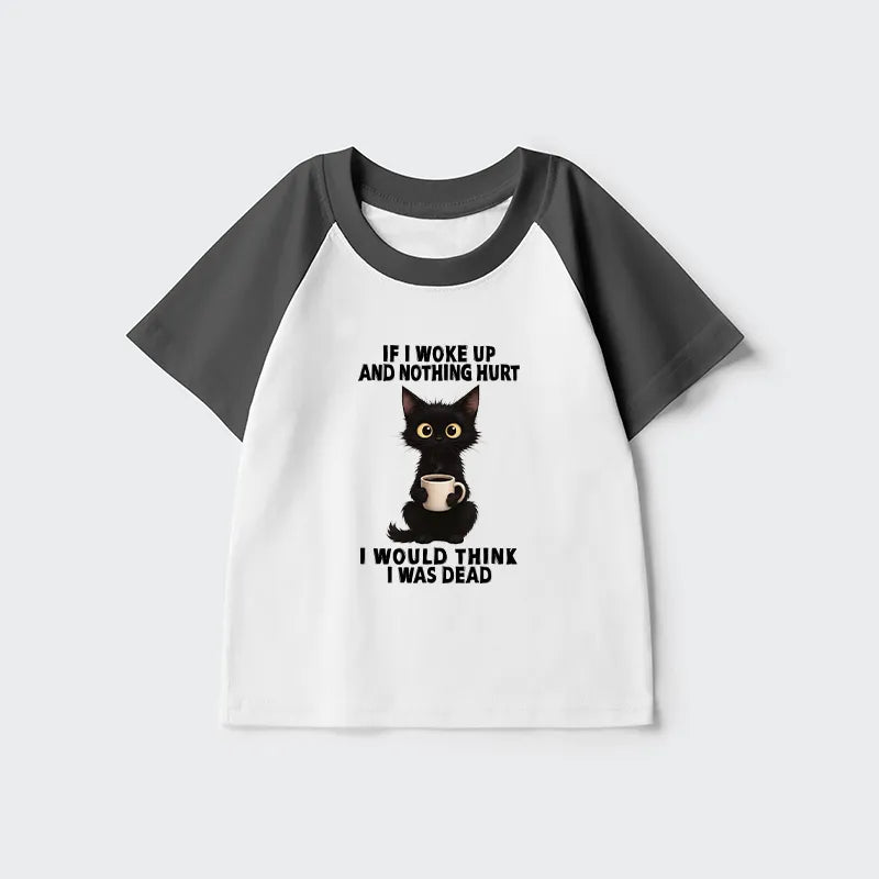 Kyoto-Lion Funny Cute Black Cat And Coffee Meme Kids Raglan T-shirt