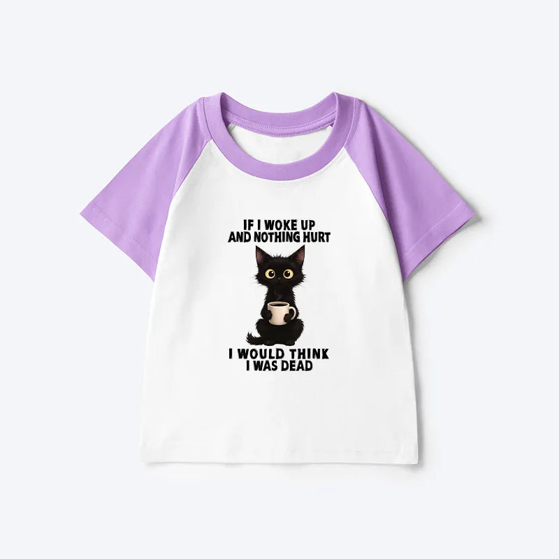 Kyoto-Lion Funny Cute Black Cat And Coffee Meme Kids Raglan T-shirt