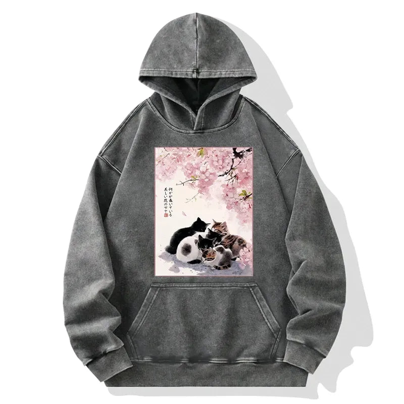 Washed Cute Cat Hoodie for Daily Wear