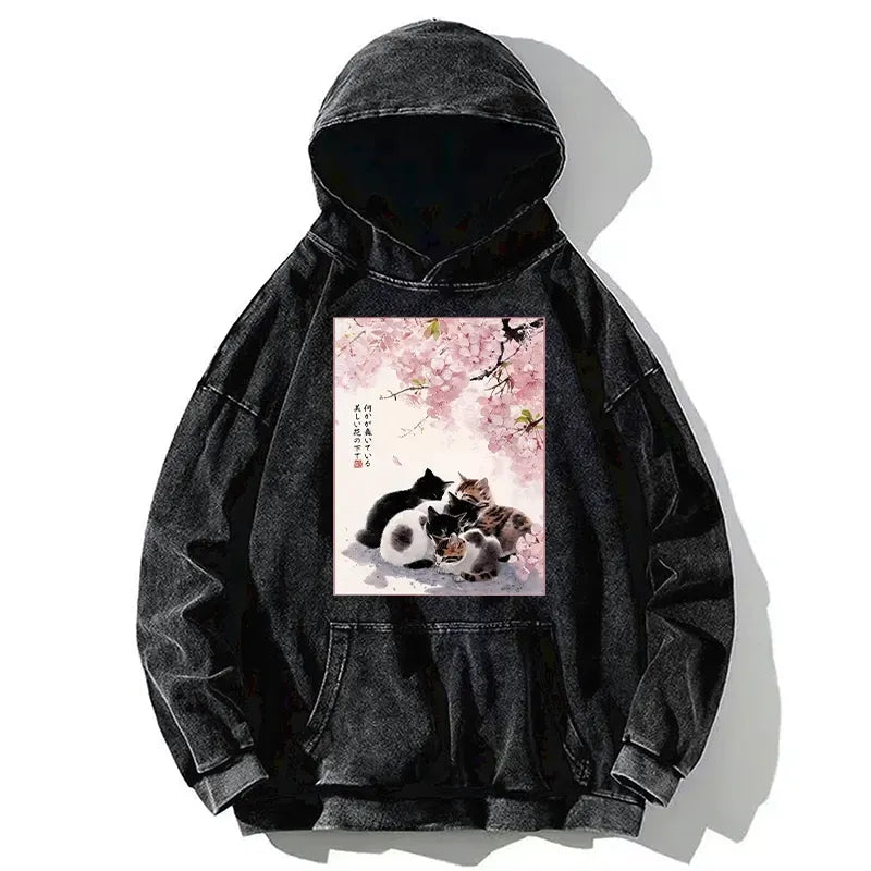 Kyoto-Lion Cute Cats Sakura Garden Washed Hoodie