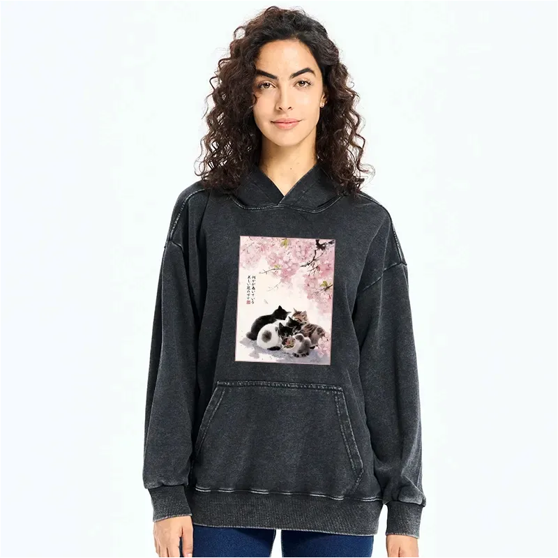Washed Cute Cat Hoodie for Daily Wear
