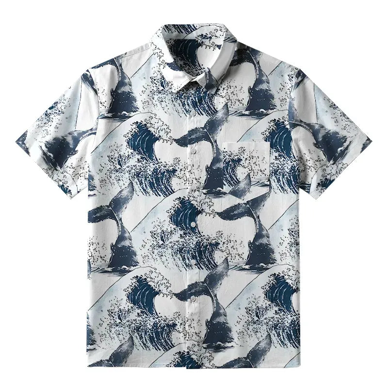 Ukiyo-e whale tail wave shirt for summer