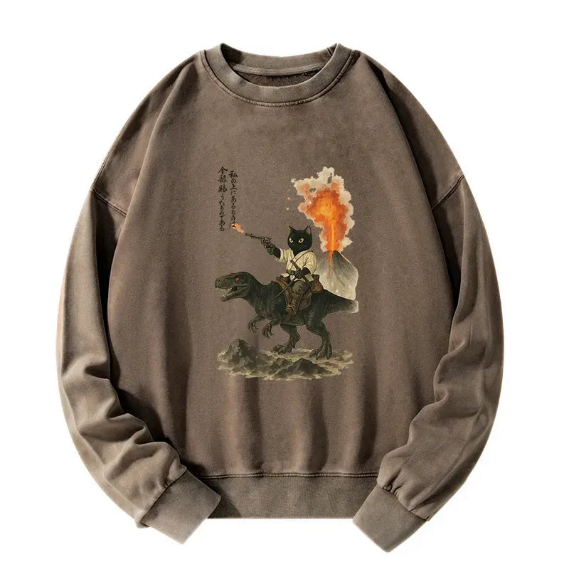 Kyoto-Lion Cat Riding A Dinosaur Washed Sweatshirt