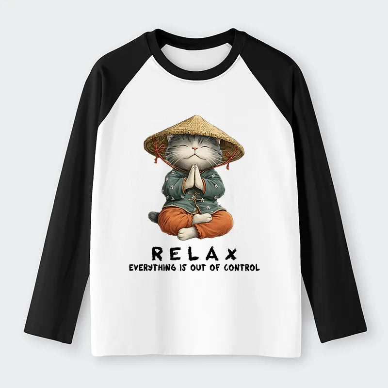 Kyoto-Lion Zen Relax Cat Graphic Raglan Long Sleeve T-shirt