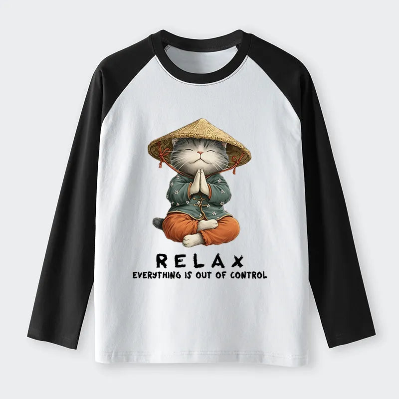 Kyoto-Lion Zen Relax Cat Graphic Raglan Long Sleeve T-shirt